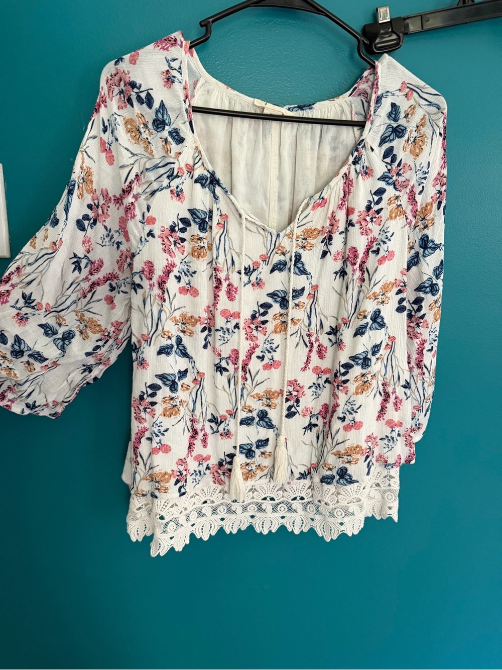 Style & Co. White Floral Peasant Blouse with Pink & Navy Accents